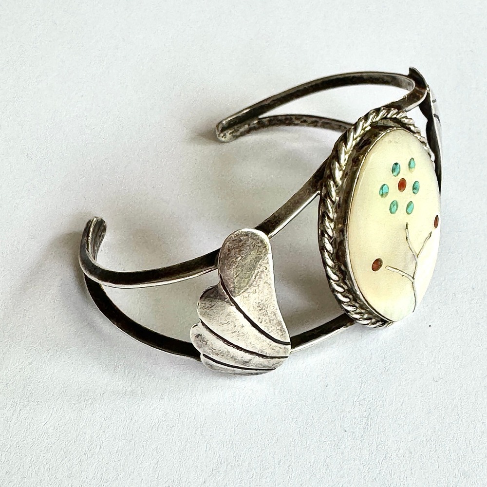 VTG Zuni Inlay Flower Cuff Bracelet 6in Turquoise Sterling Native American - Picture 9 of 9